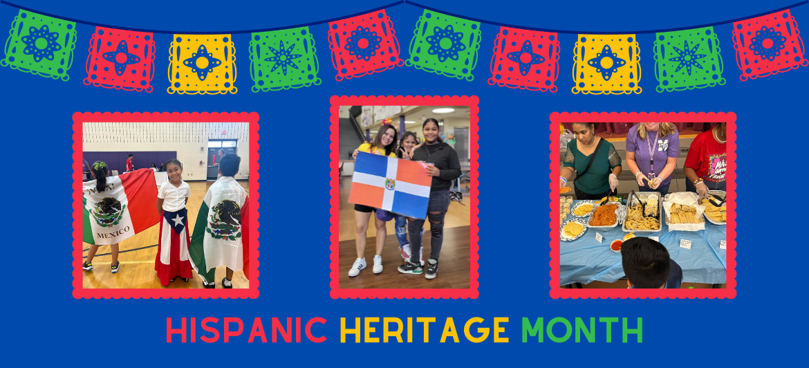 Pictures of students and staff celebrating Hispanic Heritage Month with different flags of nations and cuisines represented.